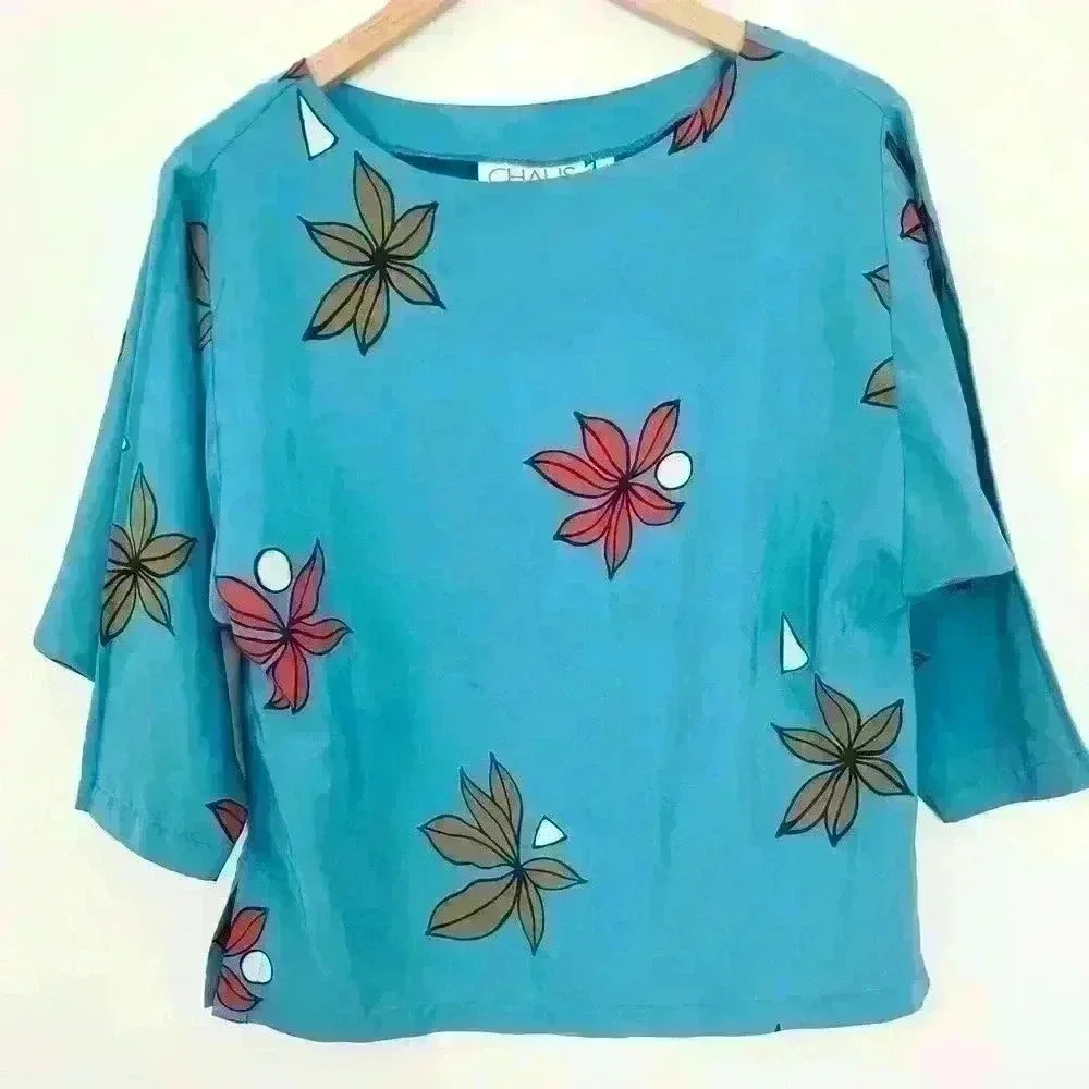Chaus Womens Vintage Floral Blouse Size 12 Size Large Sleeve Lightweight Blue - Picture 2 of 4